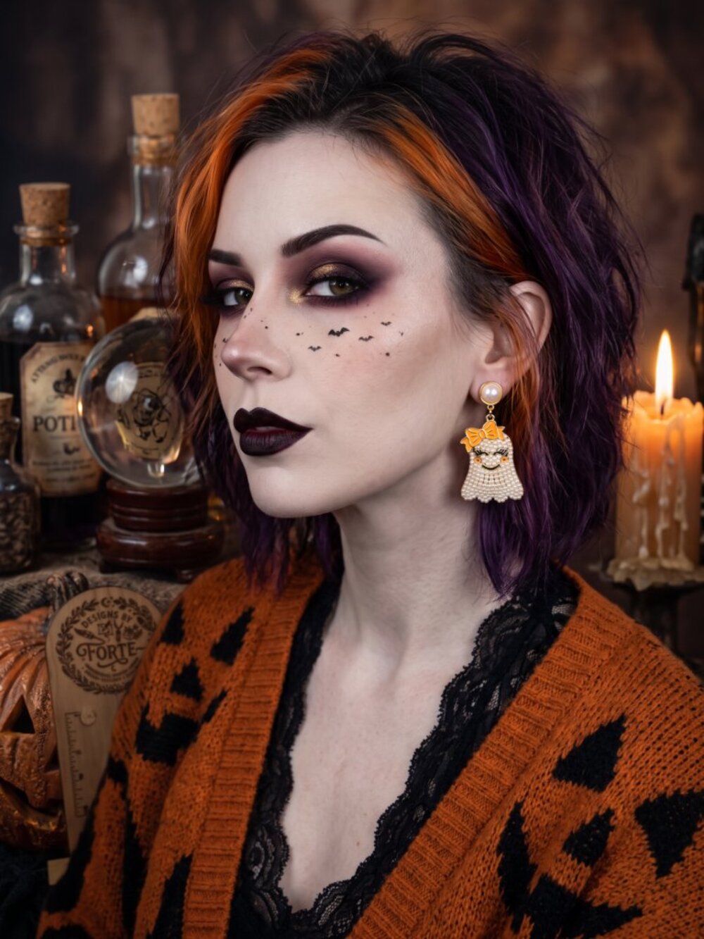 NWT Beaded Pearl Bow Ghost Dangle Earrings Halloween Spooky Glam